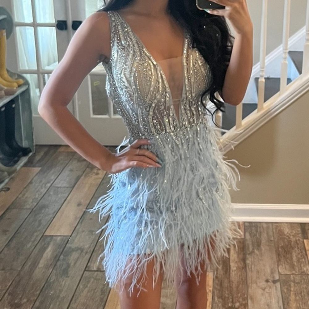 Sherrie Hill Baby Blue short feather Homecoming Dress